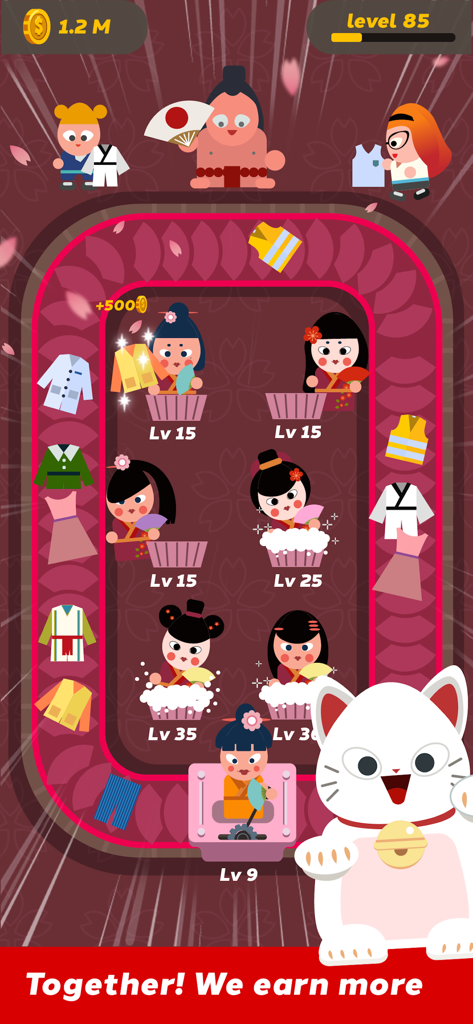 Laundry Idle - 전통 일본 복장을 한 만화 캐릭터들이 방치형 세탁소 시뮬레이션에서 옷을 세탁하는 다채로운 모바일 게임 화면.