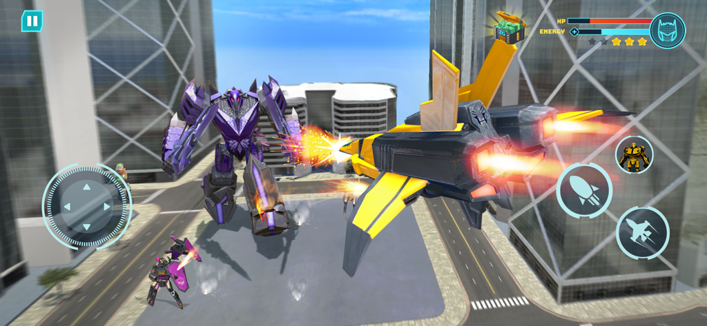 Ein gelber fliegender Jet-Roboter schießt auf einen großen lila Roboter in einer 3D-Stadt