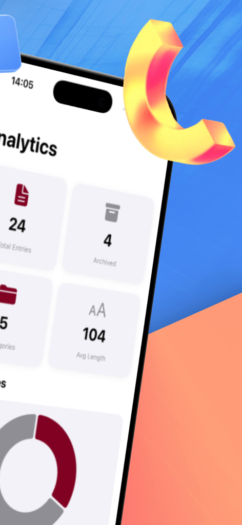 Superquote: Diary Book - Analytics dashboard of the Superquote diary app showing statistics for total entries, archived notes, and average text length.