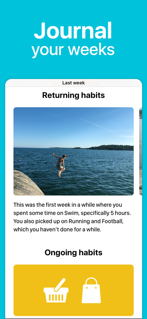 Eine Wochenjournal-Ansicht in der Life-Cycle-App, die wiederkehrende Gewohnheiten und Aktivitätszusammenfassungen mit Fotos zeigt