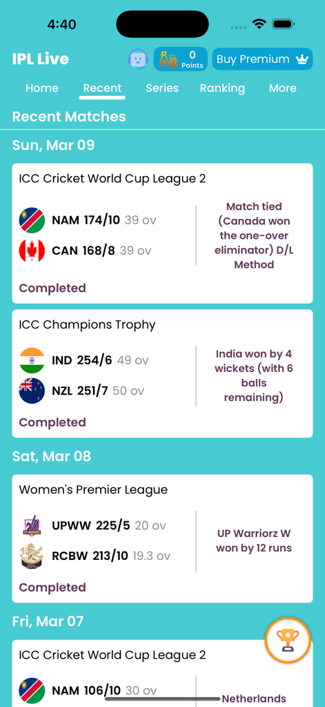 Resultados y marcadores de partidos de críquet recientes en la aplicación IPL 2026