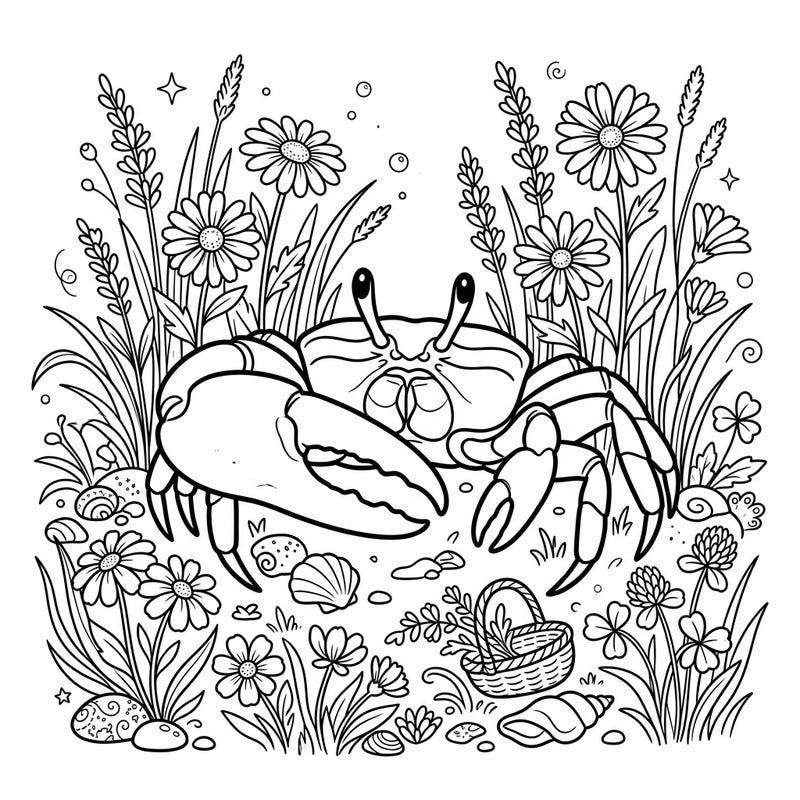 Unwind with this delightful coloring page featuring a charming fiddler crab nestled in a picturesque cottagecore meadow. Surrounded by whimsical wildflowers and gentle seaside elements, this scene offers a perfect escape into nature's tranquility.