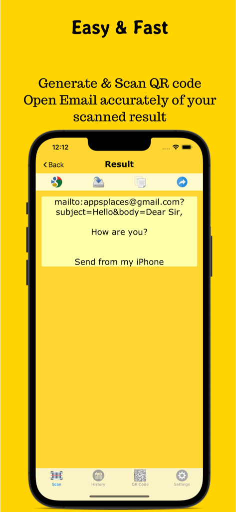 QR-Code Scan - QR code scan result screen showing email content on iPhone