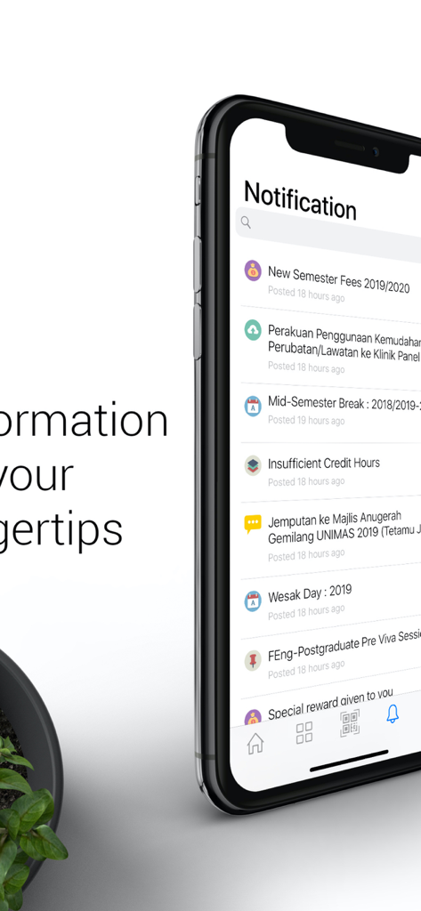 The UNIMAS Now app displaying a list of campus notifications and university announcements