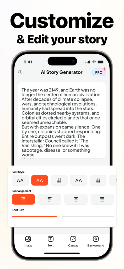 NovelAI | AI Story Generator - Uma captura de tela da interface do aplicativo NovelAI mostrando ferramentas para personalizar e editar fontes, alinhamento e tamanho da história.
