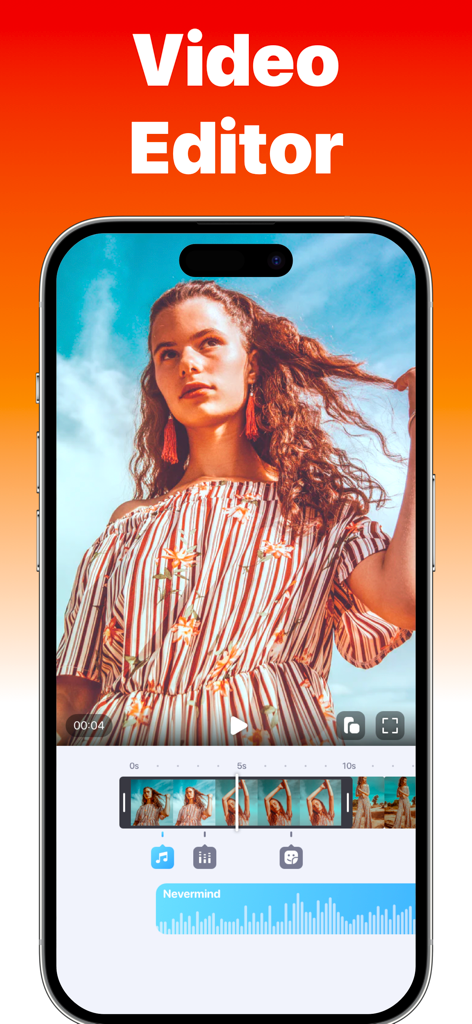 Smartphone screen showing the Clips Video Editor app interface with a video timeline and music waveform for social media content creation