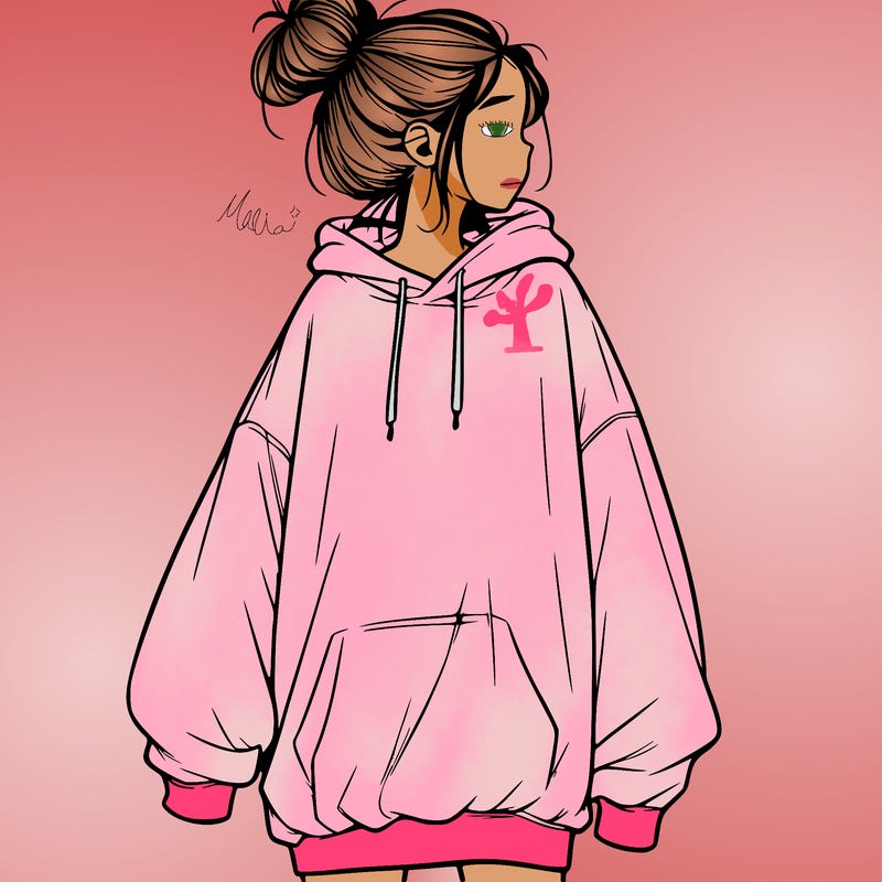 realistic girl with a oversized sweatshirt on and a bun
