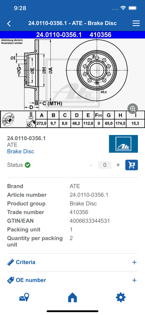 ATE Catalogue - Technisches Schema und Produktdetails für eine ATE-Bremsscheibe in der Katalog-App