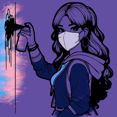 realistic girl with mask spray painting a wall