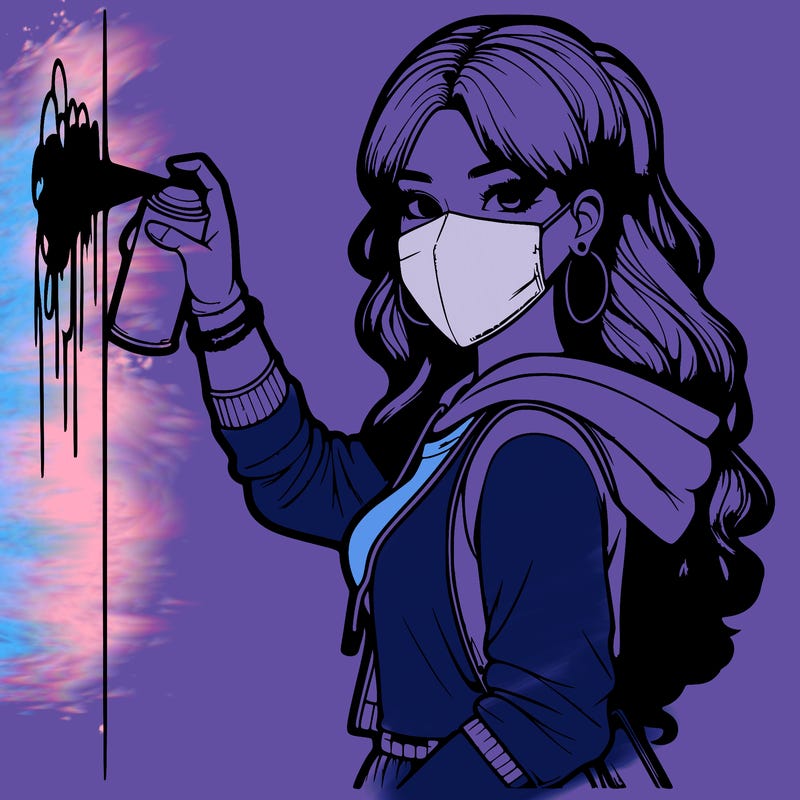 realistic girl with mask spray painting a wall