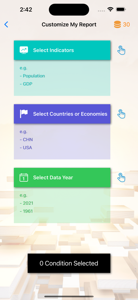 WorldBank WDI Data Browser - Interface de personnalisation des rapports de données en sélectionnant des indicateurs, des pays et des années dans l'application WorldBank WDI Data Browser