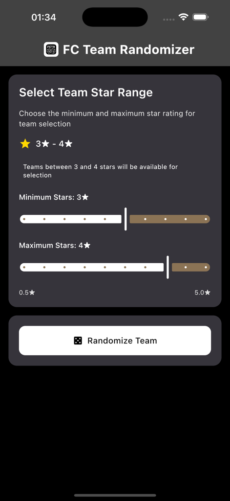 FC 26 Team Randomizer - Interface of the FC 26 Team Randomizer app showing sliders to select minimum and maximum team star ratings