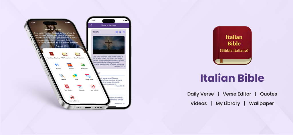 Interfaz de la aplicación Biblia Italiana mostrando versos diarios y funciones de estudio espiritual en teléfonos inteligentes