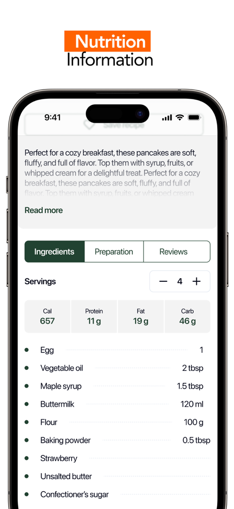 foodela – tasty meal recipes - Datos nutricionales y lista de ingredientes para una receta de panqueques en la pantalla de la aplicación foodela