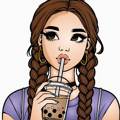 realistic girl with braided hair drinking boba