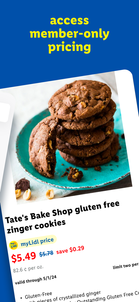 myLidl - myLidl app interface showing discounted member-only pricing for gluten free cookies