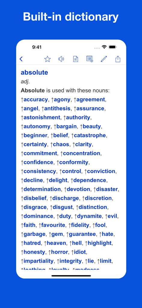 A screen from the Dictionary of Collocations app showing a list of common word combinations for the adjective absolute.