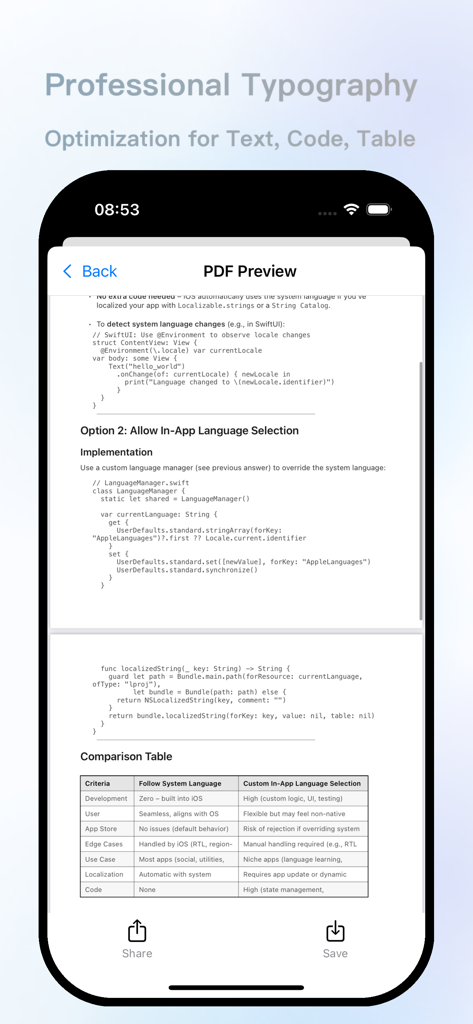 MarkFlow: AI Format Engine - Interfaz de la aplicación MarkFlow mostrando una vista previa profesional de PDF con formato optimizado para texto, fragmentos de código y tablas de datos.