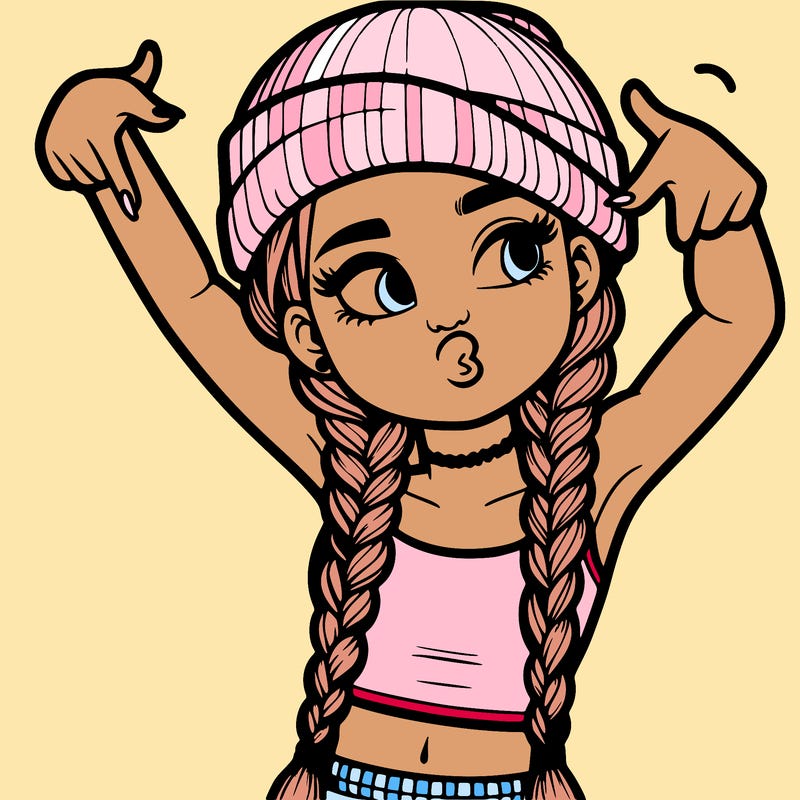 realistic teenage girl with braids and a beanie and crop top doing 🫶🏼