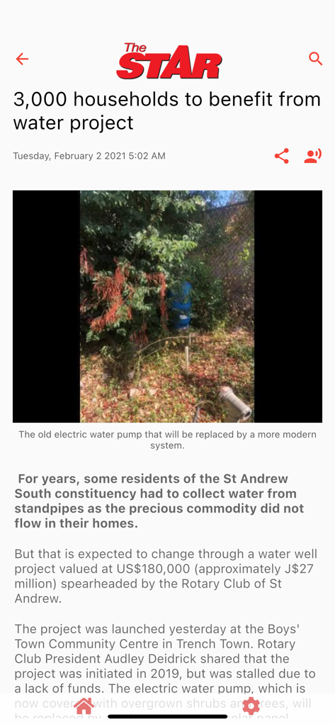 The Jamaica Star mobile app displaying a local news story about a water well project.