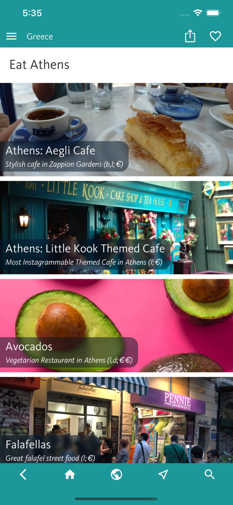 Liste kuratierter Restaurant- und Café-Empfehlungen in Athen aus der "Greece's Best"-Reise-App