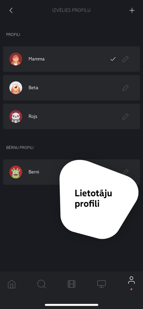 LMT Viedtelevīzija - LMT Viedtelevizija user profile selection screen featuring adult and kids accounts