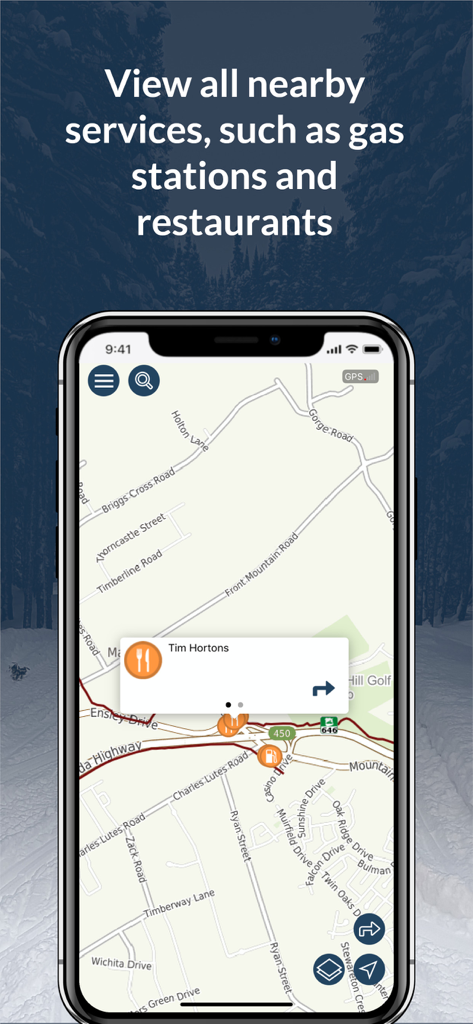 GoSnowmobiling NB - A mobile phone screen displaying a snowmobile trail map with icons for nearby restaurants and gas stations in the GoSnowmobiling NB app.