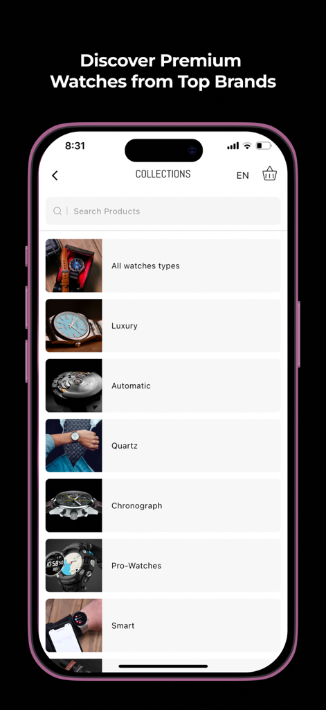Azzam Watches - Mobile app screen showing various watch collections including Luxury, Automatic, and Quartz on Azzam Watches.