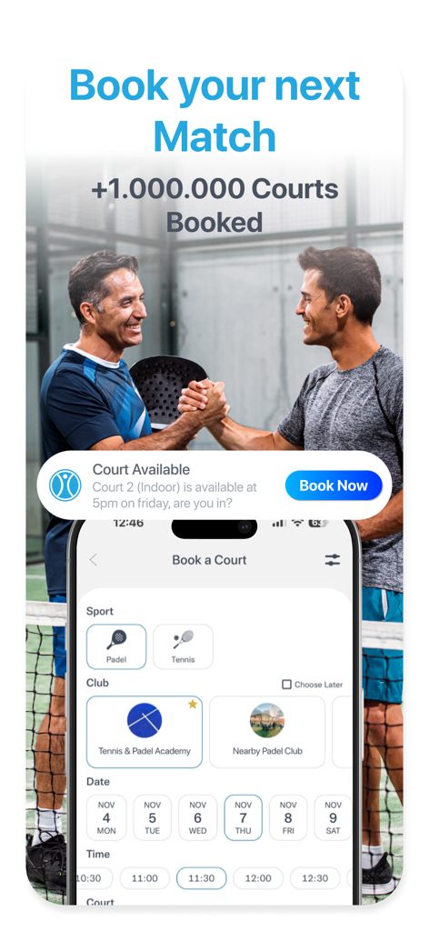 Mobile interface of TiePlayer app for booking tennis and padel courts with a notification for an available indoor court