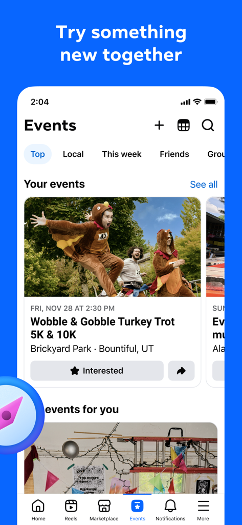 Página de descubrimiento de eventos de la aplicación móvil de Facebook que muestra actividades comunitarias locales como una carrera de acción de gracias