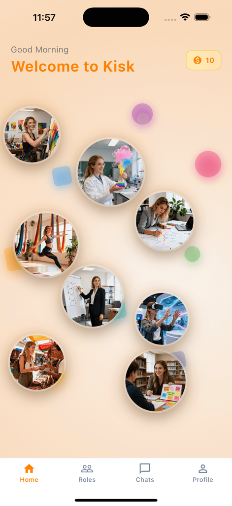 Kisk - Fun Chat - Kisk app home screen with circular icons representing different AI mentor roles like artists, scientists, and life coaches
