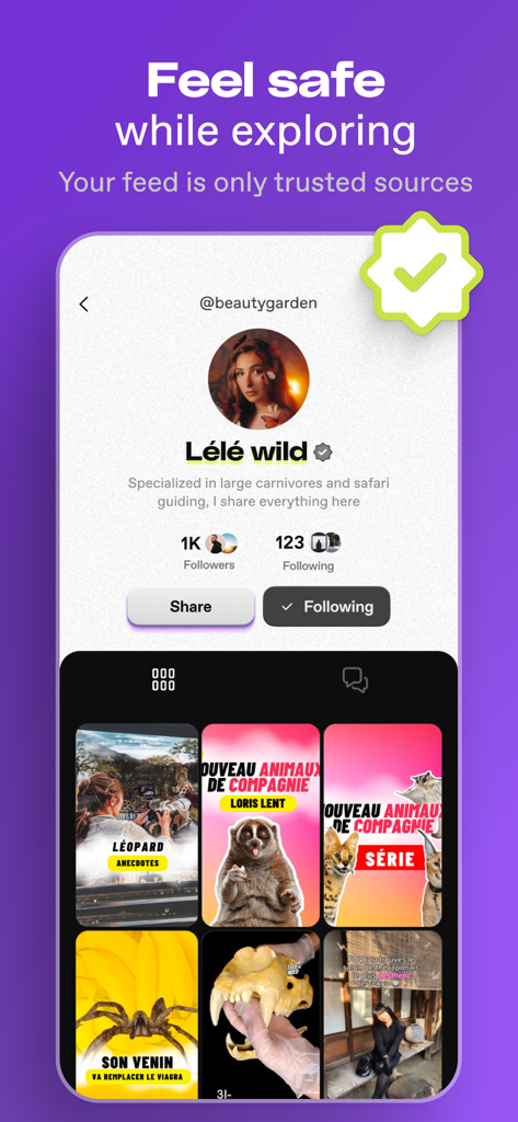 Interface of the Dailymotion app showing a creator profile and a feed of trusted videos under the message Feel safe while exploring.