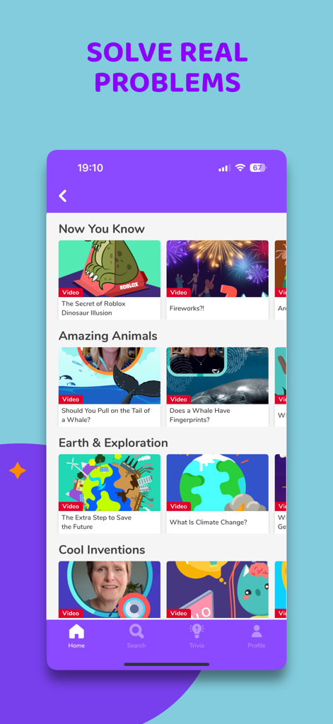 Twin Science: STEM Learning - Screenshot der Twin Science App, der Videokategorien wie Erstaunliche Tiere und Erderkundung für Kinder anzeigt