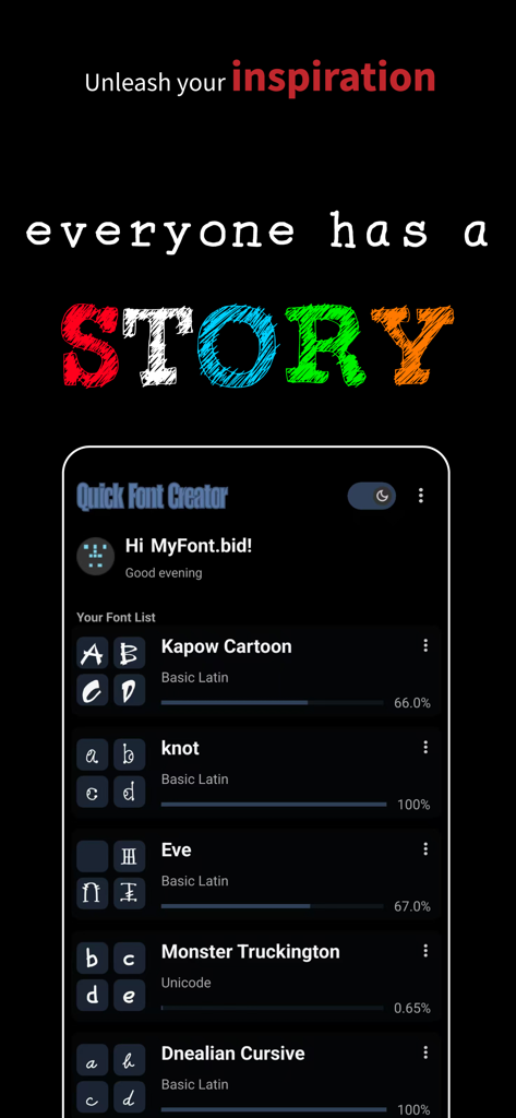 Quick Font Creator - A mobile app screen showing a list of user created fonts including cartoon and cursive styles