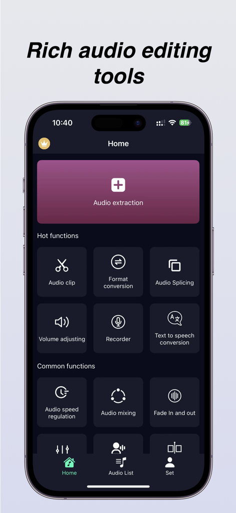 Audio Extractor-Audio Editing - Home screen of the Audio Extractor app showcasing tools for audio extraction, clipping, and format conversion.