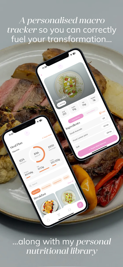 Dani Munoz Fit - Interface of the Dani Munoz Fit app showing a macro tracking dashboard and a detailed avocado toast recipe page.