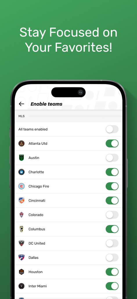 TorAlarm Live Scores - Ein Smartphone-Bildschirm mit dem Menü der TorAlarm-App zur Aktivierung von Live-Ergebnisbenachrichtigungen für bevorzugte MLS-Teams
