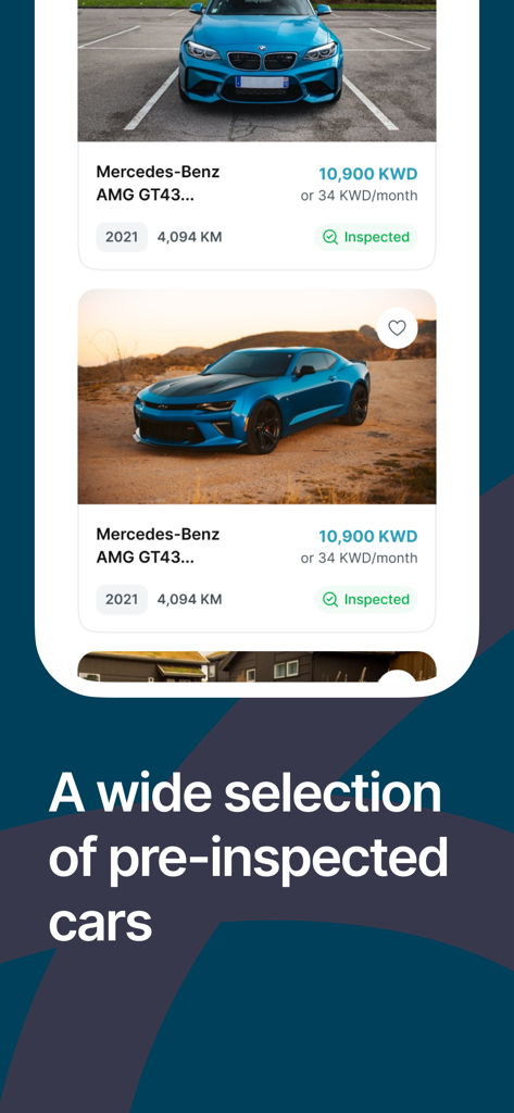 Motorgy - Buy & Sell Cars - Motorgy app interface showing a feed of pre-inspected used cars with details like price, mileage, and year.