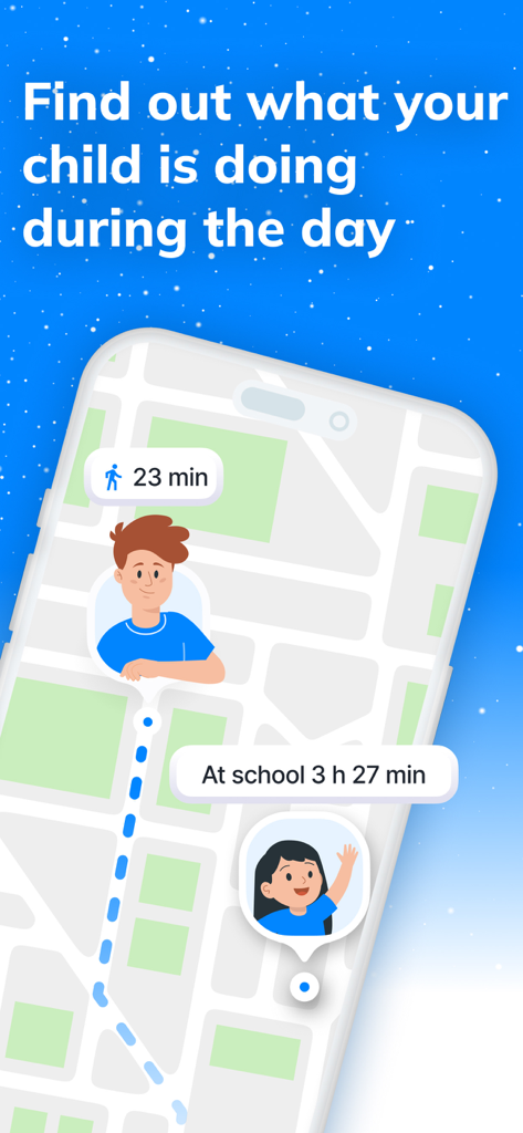 Findmykids app interface showing a map with real-time location tracking of two children including time spent at school
