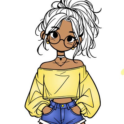 girl with a messy ponytail glasses a baggy crop top and jean shorts