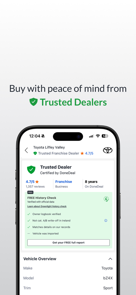 Interface de l'application DoneDeal montrant le profil d'un concessionnaire automobile de confiance avec vérification de l'historique et badges de vérification