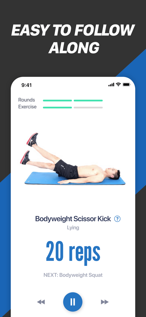 Fitness Buddy app screen showing a bodyweight scissor kick exercise with a 20 rep count
