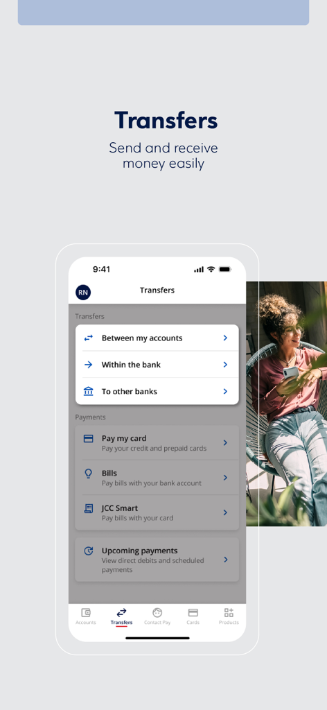 Hellenic Bank mobile app interface showing transfer and payment options