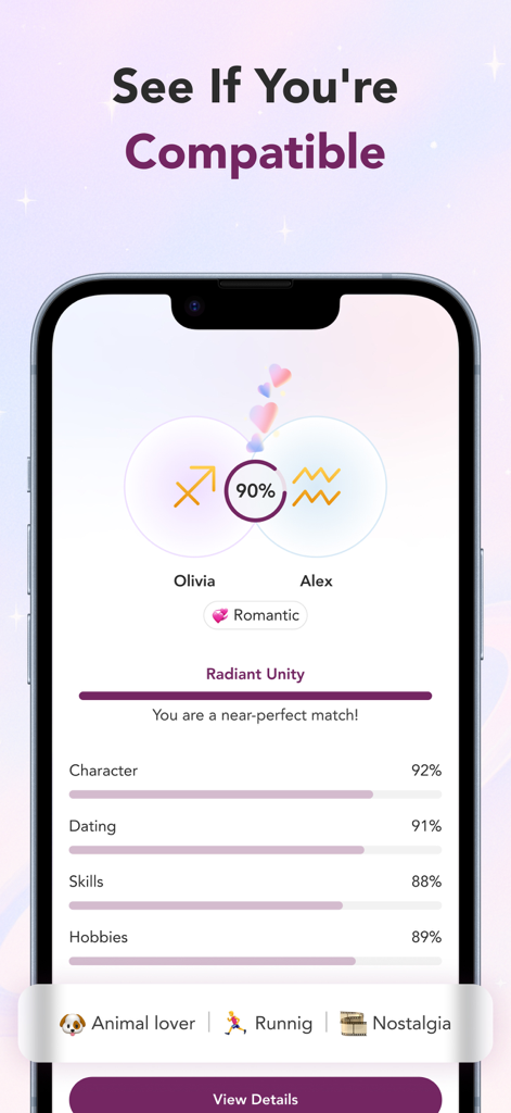 easyStars- AI Meets Astrology - A compatibility test results screen in the easyStars app showing a 90 percent match between two people with zodiac signs