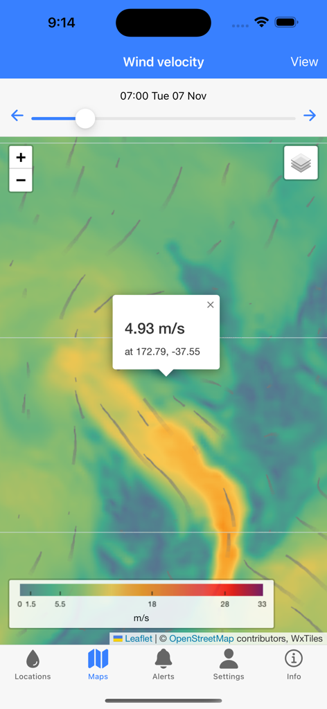 SwellMap Surf - SwellMap Surf app wind velocity forecast map showing wind speed in meters per second with specific geographic coordinates