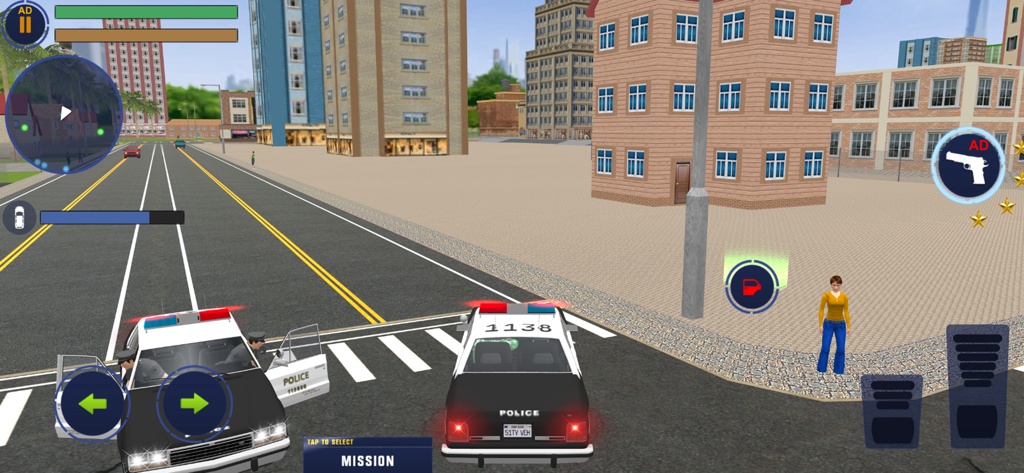 Urban Life: Endless Journey - Captura de pantalla del juego de Urban Life Endless Journey con coches de policía y un personaje en una calle de la ciudad.