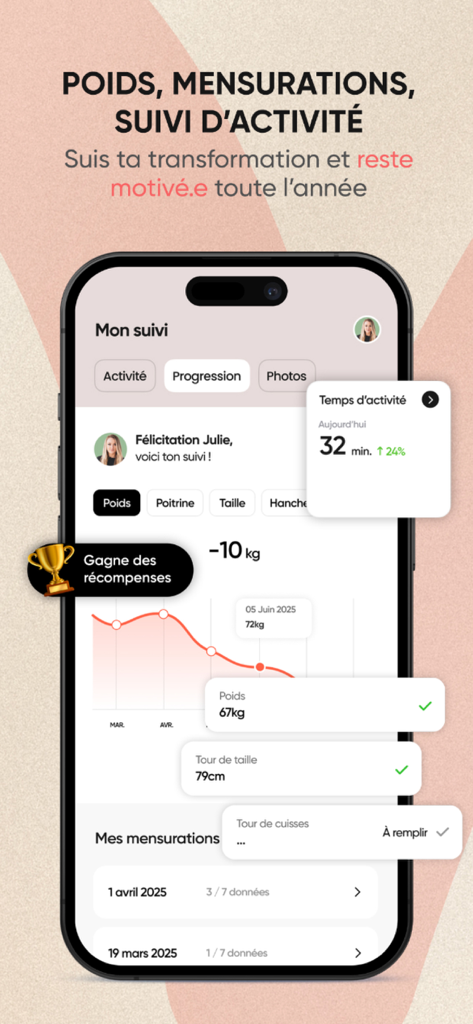 Grity - Sport & Nutrition - Écran de l'application mobile montrant un graphique de progression de perte de poids et des statistiques de suivi d'activité