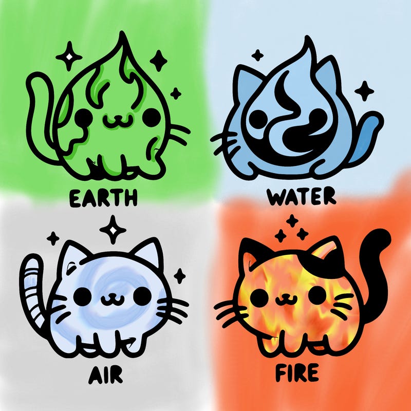 4 cats that represent the different elements, earth, water, air, and fire