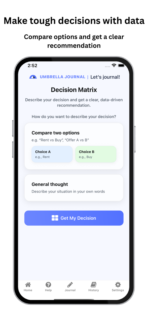 Umbrella Journal : Smart CBT - オプションを比較し、データ主導の意思決定を行うために使用される意思決定マトリックスツールを表示するUmbrella Journalアプリのインターフェース