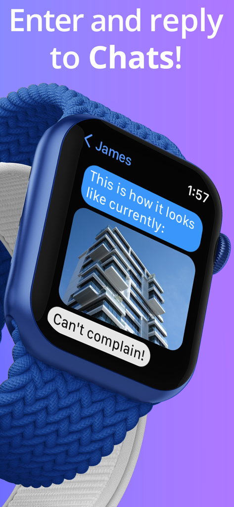 WatchMessage for Messenger - Apple Watch displaying a Messenger chat interface with messages and a photo.